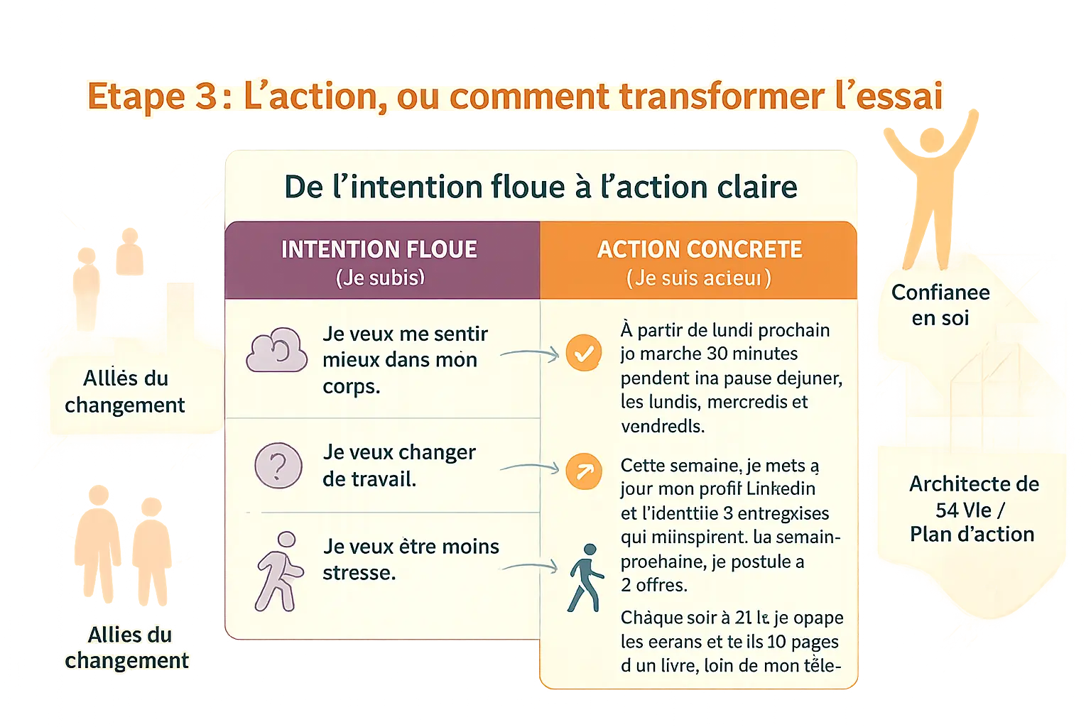 Illustration d'une personne en train de construire un plan d'action avec des étapes claires et des alliés autour d'elle.